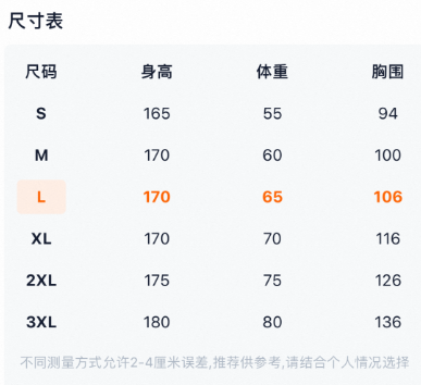 男款T恤尺码表